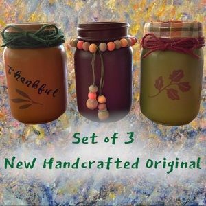 Beautiful Set of 3 Thankful New Fall Mason Jars Handcrafted Thanksgiving Decor